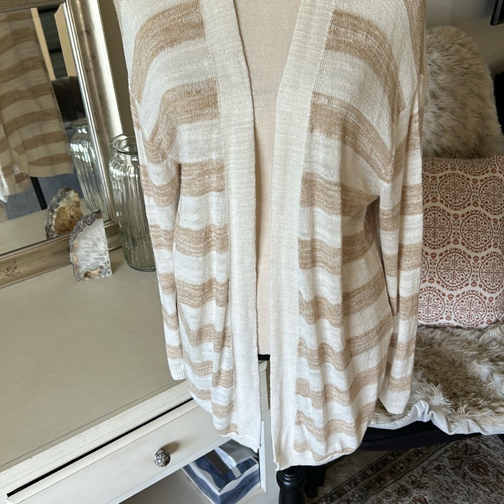 Talbots cream tan striped cotton open long cardigan sweater Large petite​​​ - Picture 3 of 12